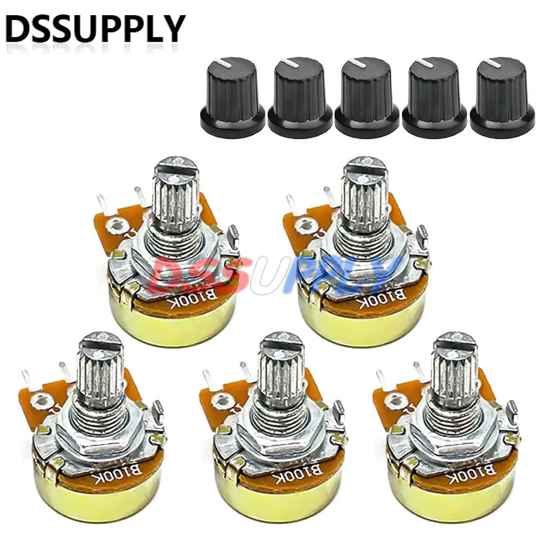 5 Set WH148 15mm 3-Pin Linjär Potentiometer Resistor 1K 2K 5K 10K 20K 50K 100KΩ Ohm för Arduino med AD2 Vit Ratt