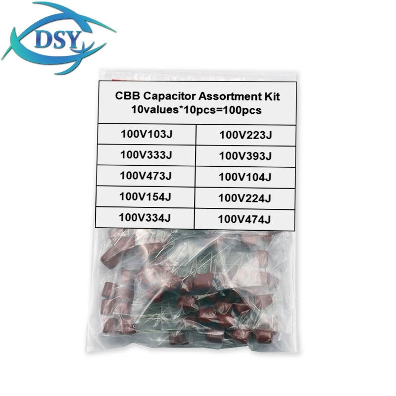 100PCS CBB 100V 10nF - 470nF Capacitor Assortment KIT CBB Polypropylene Film Capacitor 103 223 333 393 473J 104 154 224 334 474J