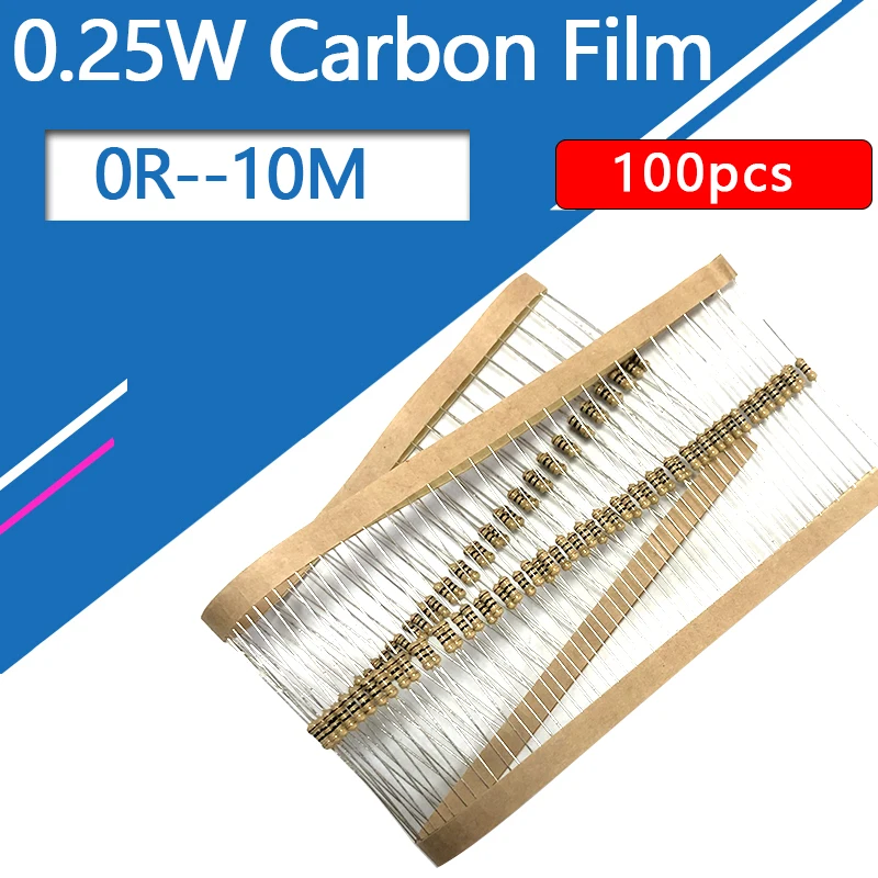 100pcs 1/4W Carbon Film Resistor Four Color Circle 0R 1R 10R 100R 1K 10K 100K 1M 0.25W 0 1 10 100 Ohm R K M 100Ohm  0R--10M
