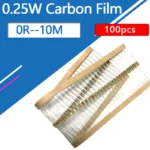 100pcs 1/4W Carbon Film Resistor Four Color Circle 0R 1R 10R 100R 1K 10K 100K 1M 0.25W 0 1 10 100 Ohm R K M 100Ohm  0R--10M