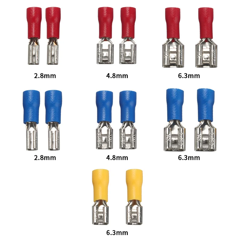 10/50/100pcs Female Crimp Terminal 2.8mm 4.8mm 6.3mm Insulated Spade Wire Connector Electrical Wiring Cable Plug Red Blue Yellow