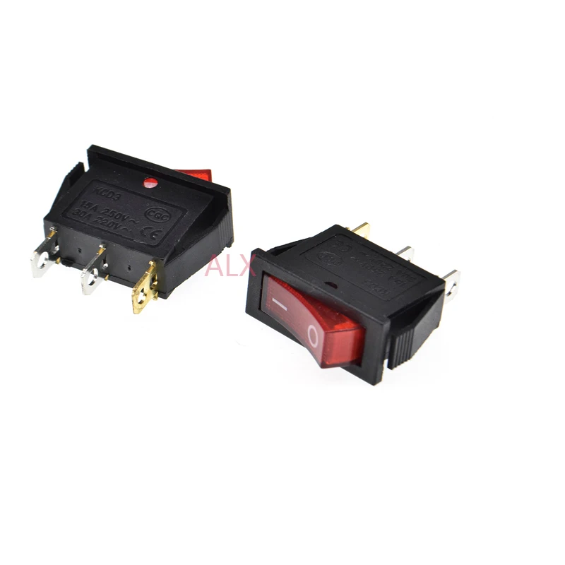 5PCS KCD3-101n 3PIN red Push Button with light rocker Switch ON/OFF   power switches 16A/250V 20A/125V 3 pin
