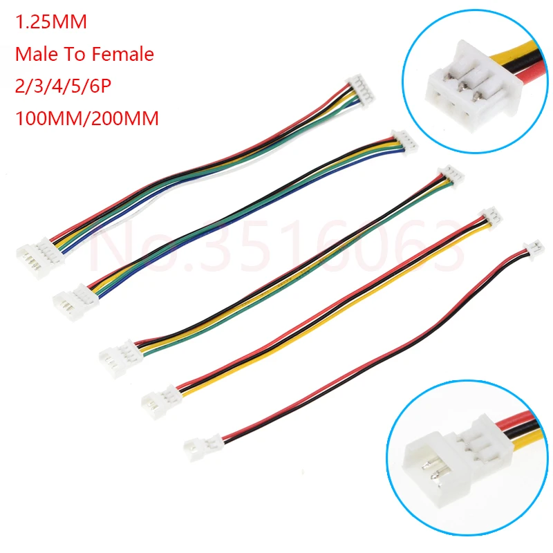 10Pcs JST1.25 100/200MM 2/3/4/5/6 Pin Male to Female Plug Connector With wire 1.25MM 2p 3p 4p 5p 6p Cable Extension Line