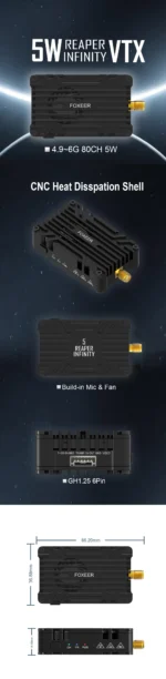 Foxeer Reaper Infinity 4.9G-6G Reaper Infinity 5.8G 5W 80CH VTX Build-in MicFan CNC Heat Dissipation Shell for RC FPV Long Range - Image 9