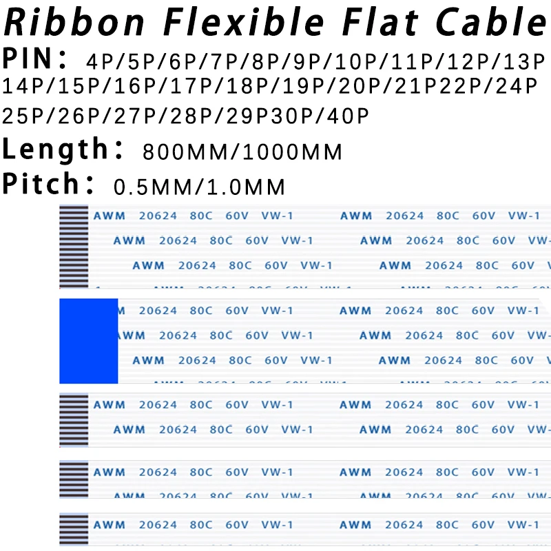 2PCS FPC FFC Ribbon Flexible Flat Cable 4/5/6/8/10/12/14/16/18/20/30/40Pin Pitch 0.5MM 1.0MM A-Type Wire Length 800MM/1000MM
