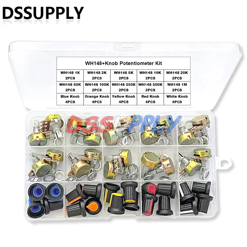 20Sets WH148 15MM Single Potentiometer Kit B1K B2K B5K 10K/20K/50K/100K/250K/500K/1M,With White, Blue Yellow Orange Red Knob Set