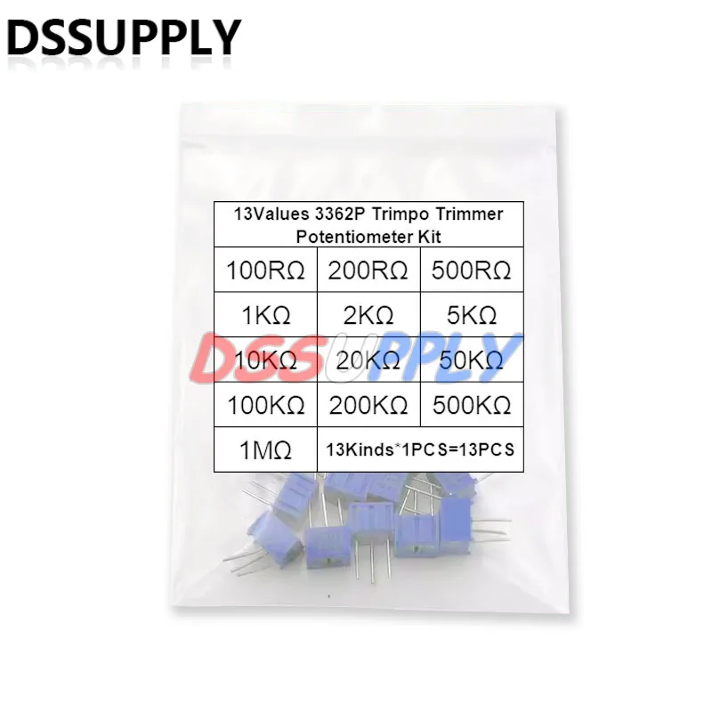 13 Values*1Pcs 3362P Variable Resistor Potentiometer Assorted Kits 3362 100 200 500 Ohm, 1K 2K 5K 10K 20K 50K 100K 200K 500K 1MΩ