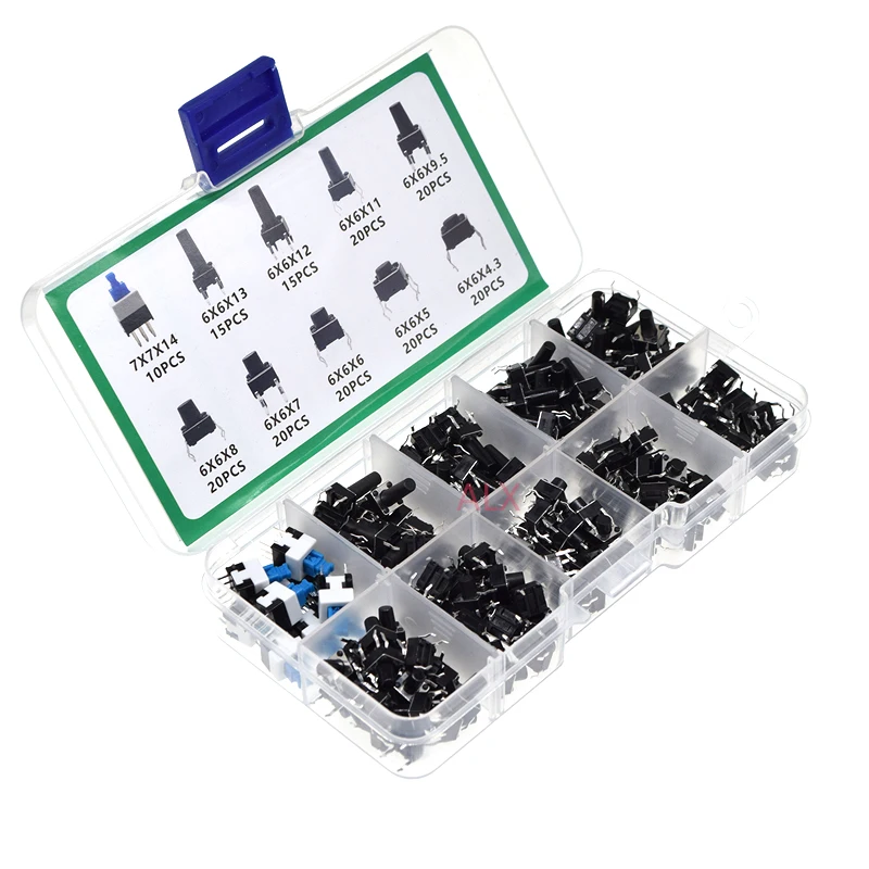180Pcs/Box 10 Models Self Locking Push Tact Power Micro Switch Button 7x7 6X6X5 6X6X7 6X6X6 6X6X10 6*6 Dip