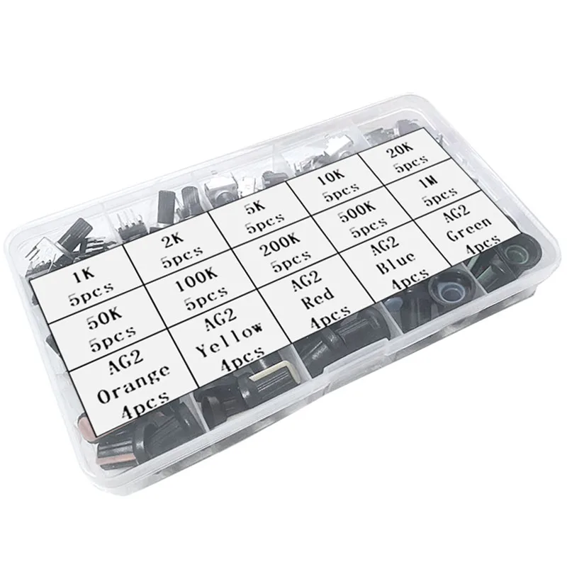 70Pcs 10Value RV09 3Pin 1K 2K 5K 10K 20K 50K 100K 200K 500K 1M Vertical Adjustable Seal Rotary Potentiometer Knob With Box Kits