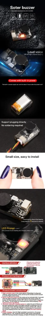 HGLRC Soter FPV Drone Buzzer 5V 100DB LED Built-in Battery 22X12X12mm for RC Model Airplane FPV Racing Drones DIY Parts - Image 8