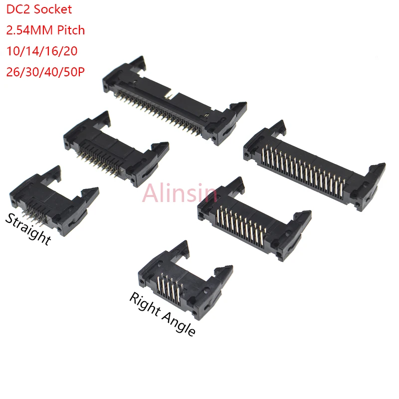 5/10pcs Dc2 6/8/10/16/20/26/34/40 Pin 2.54mm Pitch Male Socket Straight/Right Angle Idc Box Headers Connector 10p/20p Fc Cable