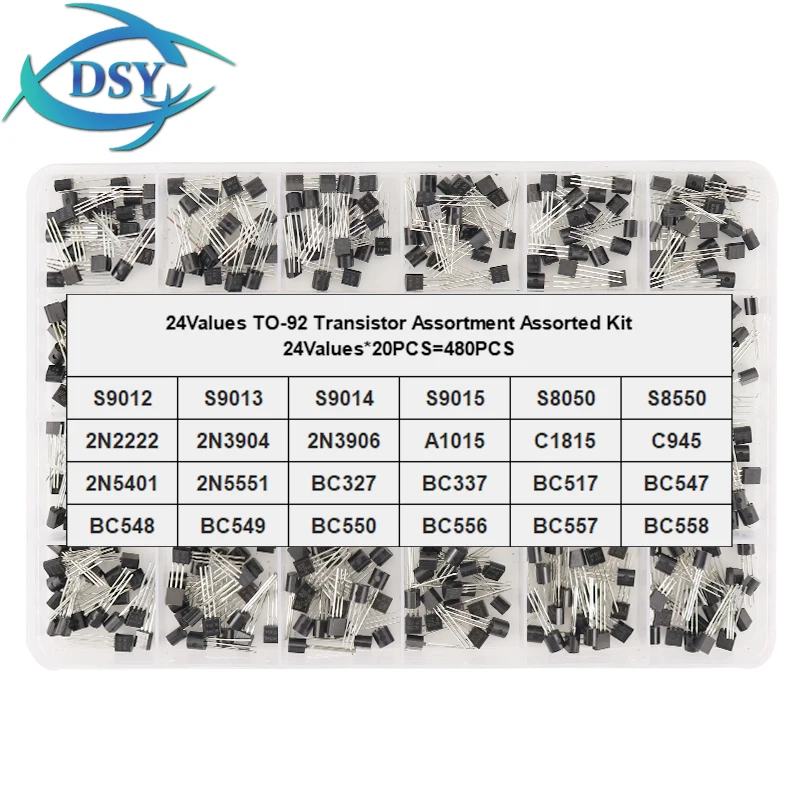 480Pcs/Box BC547 BC548 BC549 2N2222 2N3906 2N3904 2N5401 2N5551 C945 A1015 BC327 24Value TO92 Transistor Assortment Assorted KIT