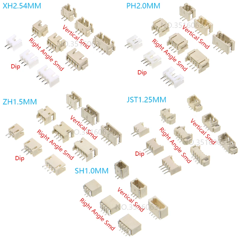 10PCS 1.0 1.25 1.5 2.0 2.54 SH/JST/ZH/PH/XH 1.25MM 2.0MM 2.54MM Male Pin Header Socket Dip/Right Angle SMD 2/3/4/5/6/7/8/9/P Pin