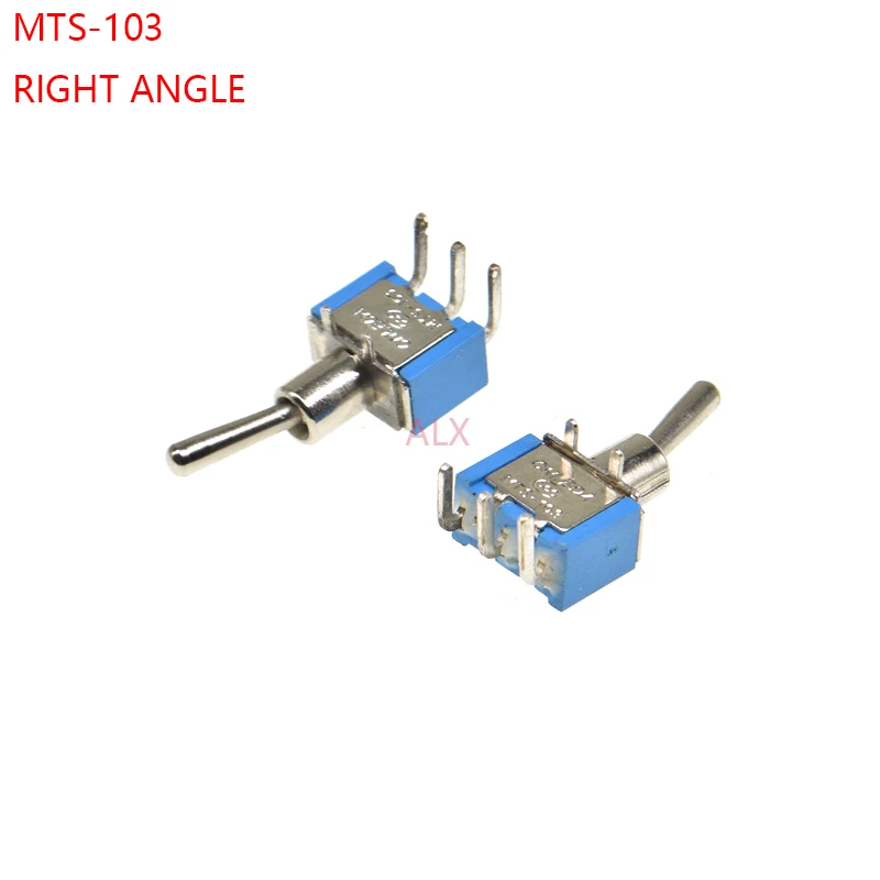 5PCS BLUE MINI MTS-103C3 RIGHT ANGLE Miniature toggle switch PCB Panel Mount 3PIN ON-OFF-ON power switche 6A/125V 3A/250V MTS103