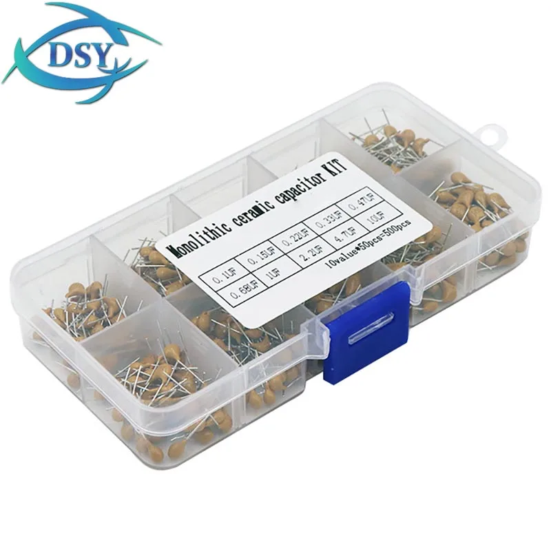 500Pieces 0.1uF-10uF 224 474 105 225 475 50V 10Values Each 50 Multilayer Ceramic Capacitor Assorted Kit Assortment Set Free Boxs