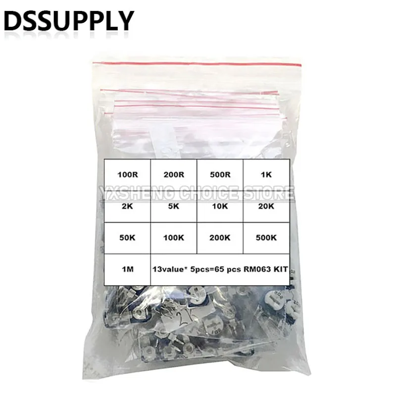 65PCS Sets RM063 Trimmer Potentiometer Adjustable Resistor Kit 500R Ohm,1K 5K 10K 20K 50K 100K 200K 500K 1M Ω Variable Resistors