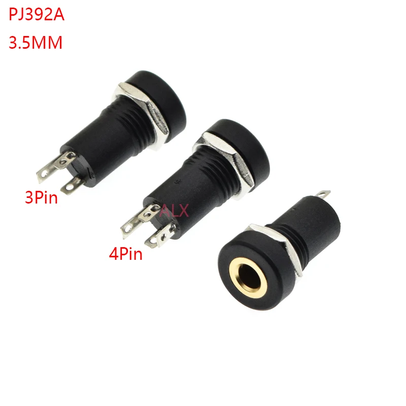 5PCS PJ392A 3.5MM Audio Jack Socket 3/4 Pole Black Stereo Solder Panel Mount Gold With Nuts PJ-392A