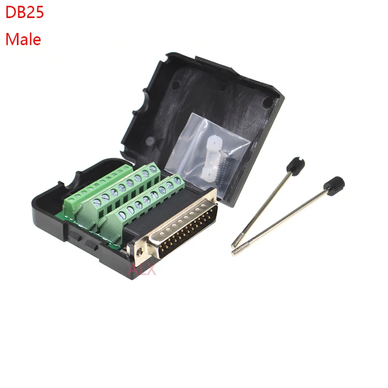 1PCS DB25 25PIN 2 row male plug connector terminal adapter with black shell D-SUB wire cable free solder